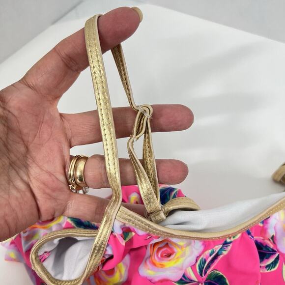 Betsy Johnson Girls 2PC Pink Floral Swimsuit Size M 10 Gold Trim - Picture 4 of 9